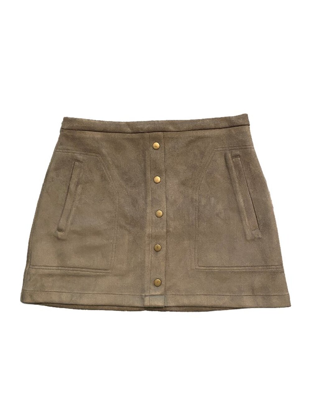 HYFVE - Faux Suede Mini Skirt - Taupe Snap Front Pocketed A-Line Skirt - Size L